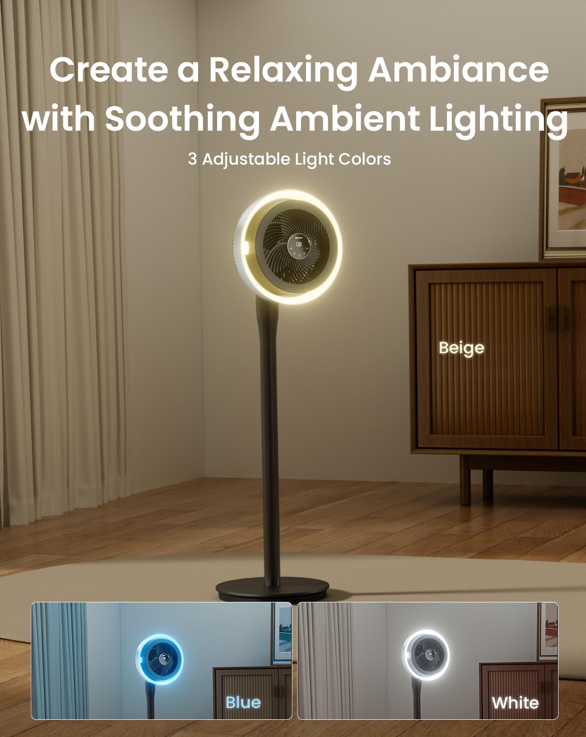 Standing Fan with Light, Digital Display, Adjustable Height, Remote, DarkGrey Q10054