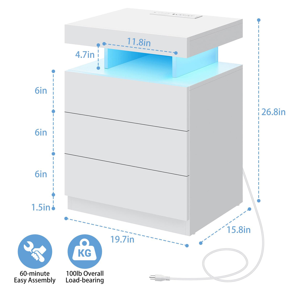 White 3 Drawer Nightstand with Charging Station and LED Light O889700
