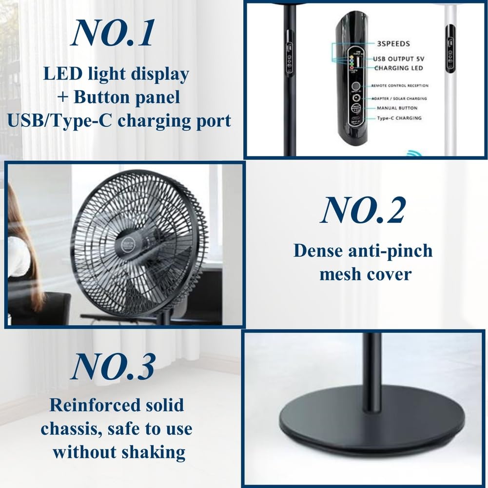 Oscillating Pedestal Fan with Remote, Solar Rechargeable, 3 Speeds, 16in, White Y22844