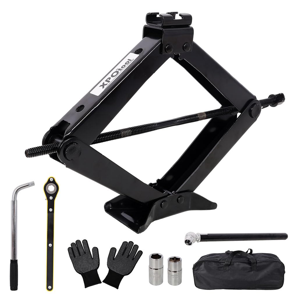 3 Ton Scissor Car Jack, 6614 LBS Heavy Duty Tire Changing Kit with Lug Wrench, Ratchet Wrench, Sockets, Work Gloves, Tire Pressure Gauge and Storage Bag R5039