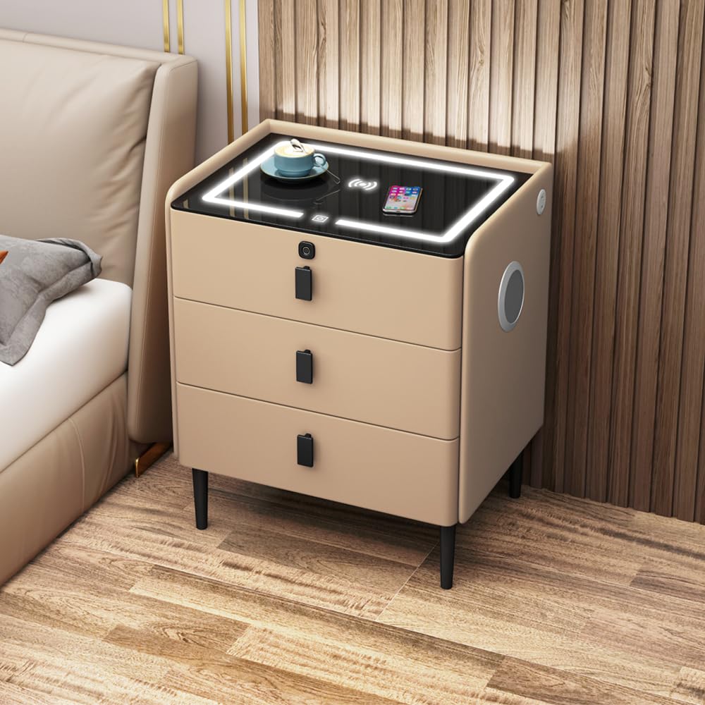 Khaki 3 Drawer Smart Nightstand with Wireless Charging M89803