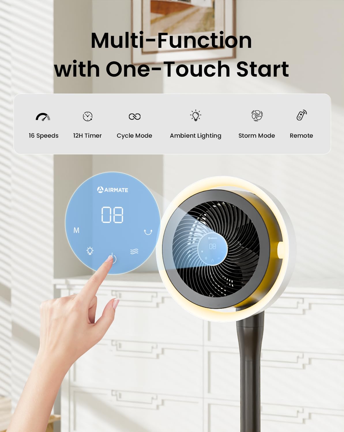 Standing Fan with Light, Digital Display, Adjustable Height, Remote, DarkGrey Q10054