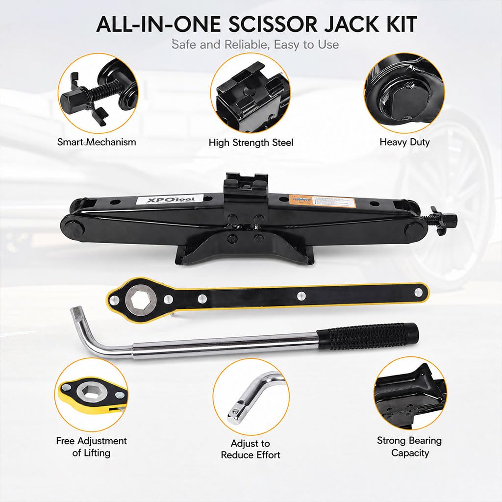 3 Ton Scissor Car Jack, 6614 LBS Heavy Duty Tire Changing Kit with Lug Wrench, Ratchet Wrench, Sockets, Work Gloves, Tire Pressure Gauge and Storage Bag R5039