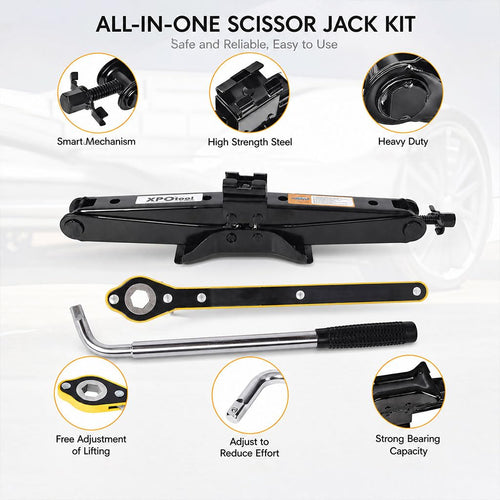 3 Ton Scissor Car Jack, 6614 LBS Heavy Duty Tire Changing Kit with Lug Wrench, Ratchet Wrench, Sockets, Work Gloves, Tire Pressure Gauge and Storage Bag R5039