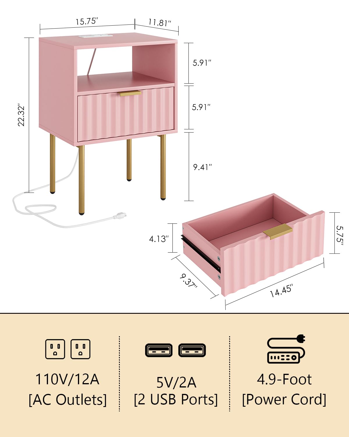 Pink Fluted Nightstand with Charging Station S233507