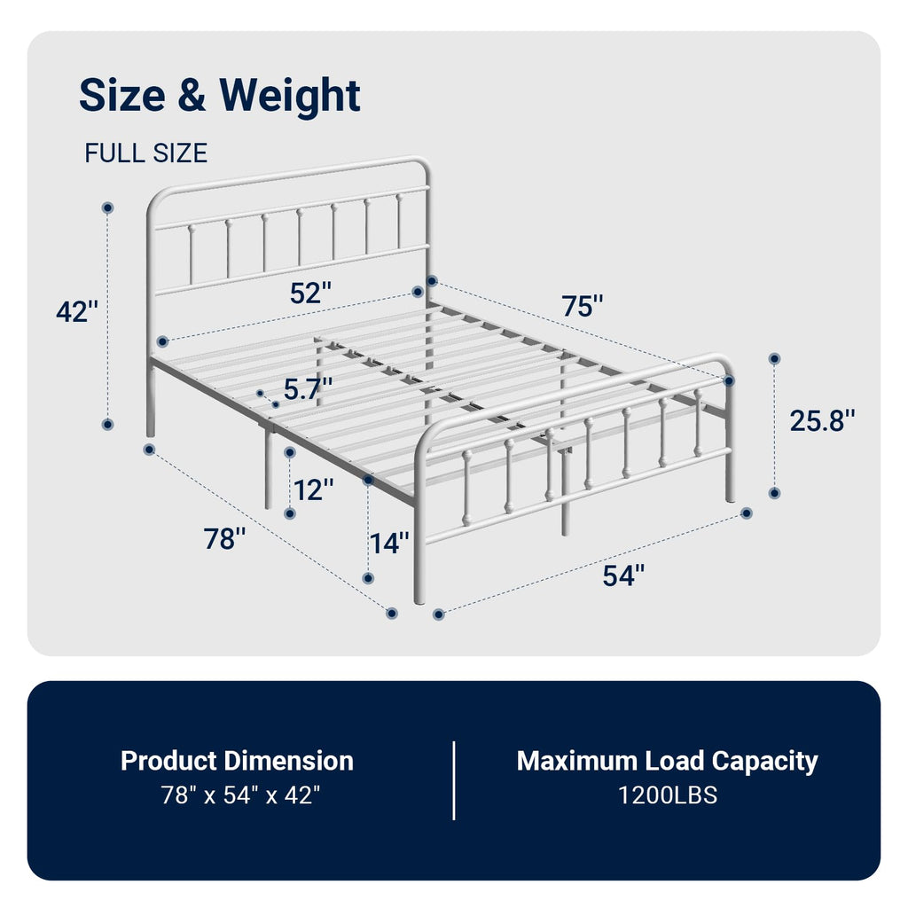 Full Size White Metal Platform Bed Frame with Headboard V9073