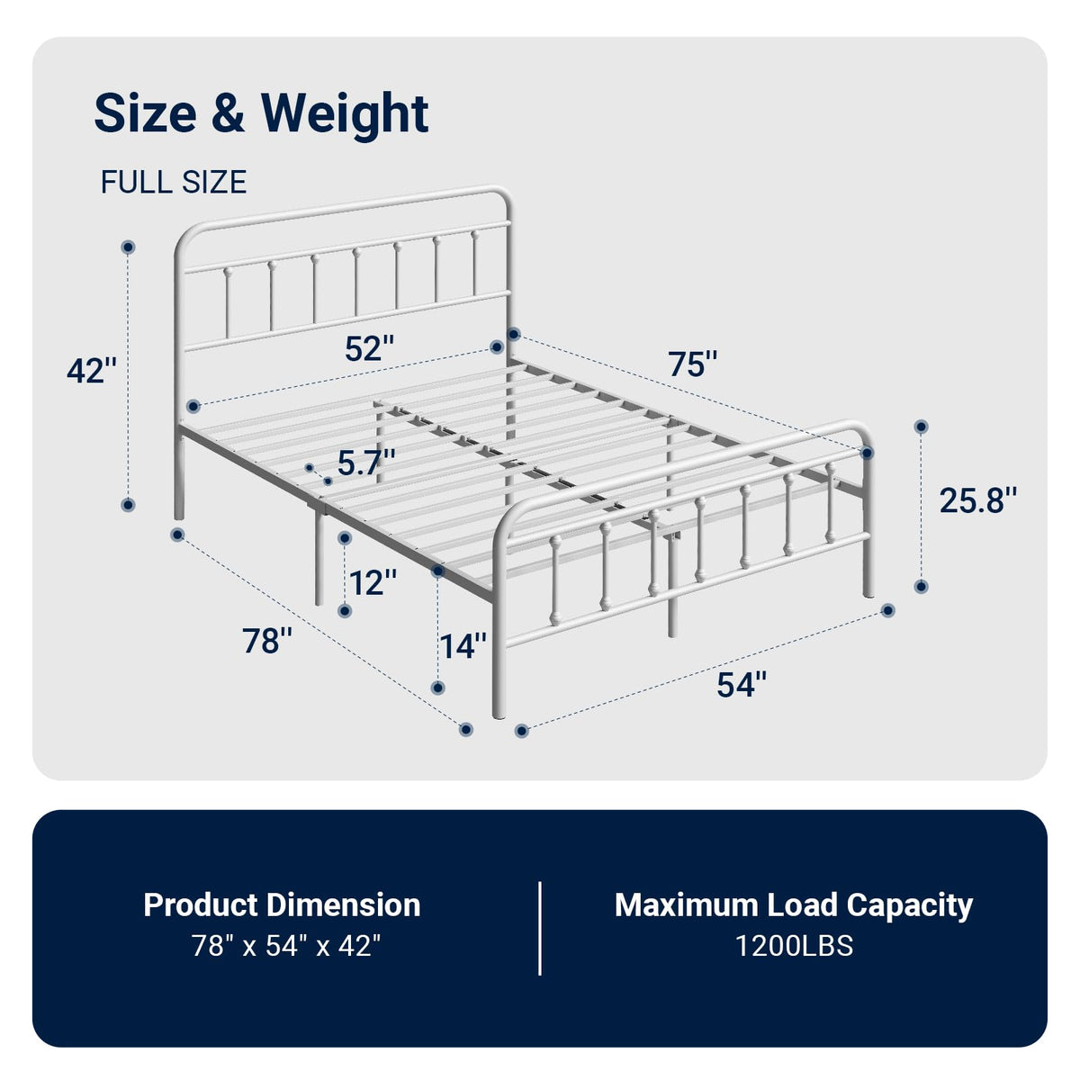 Full Size White Metal Platform Bed Frame with Headboard V9073