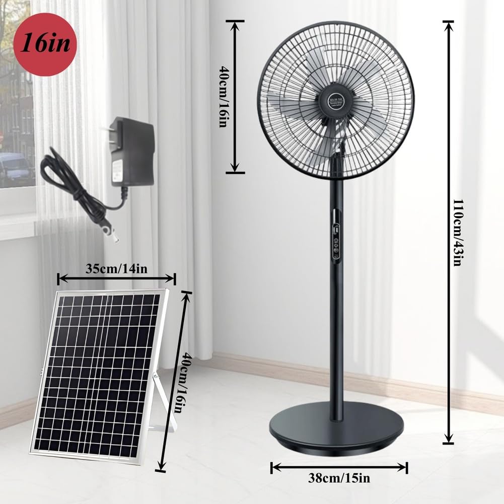 Oscillating Pedestal Fan with Remote, Solar Rechargeable, 3 Speeds, 16in, White Y22844