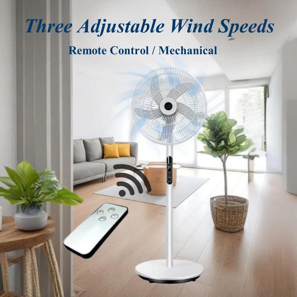 Oscillating Pedestal Fan with Remote, Solar Rechargeable, 3 Speeds, 16in, White Y22844