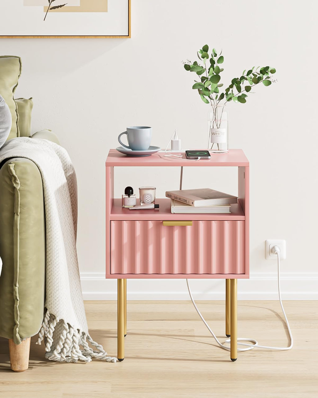 Pink Fluted Nightstand with Charging Station S233507