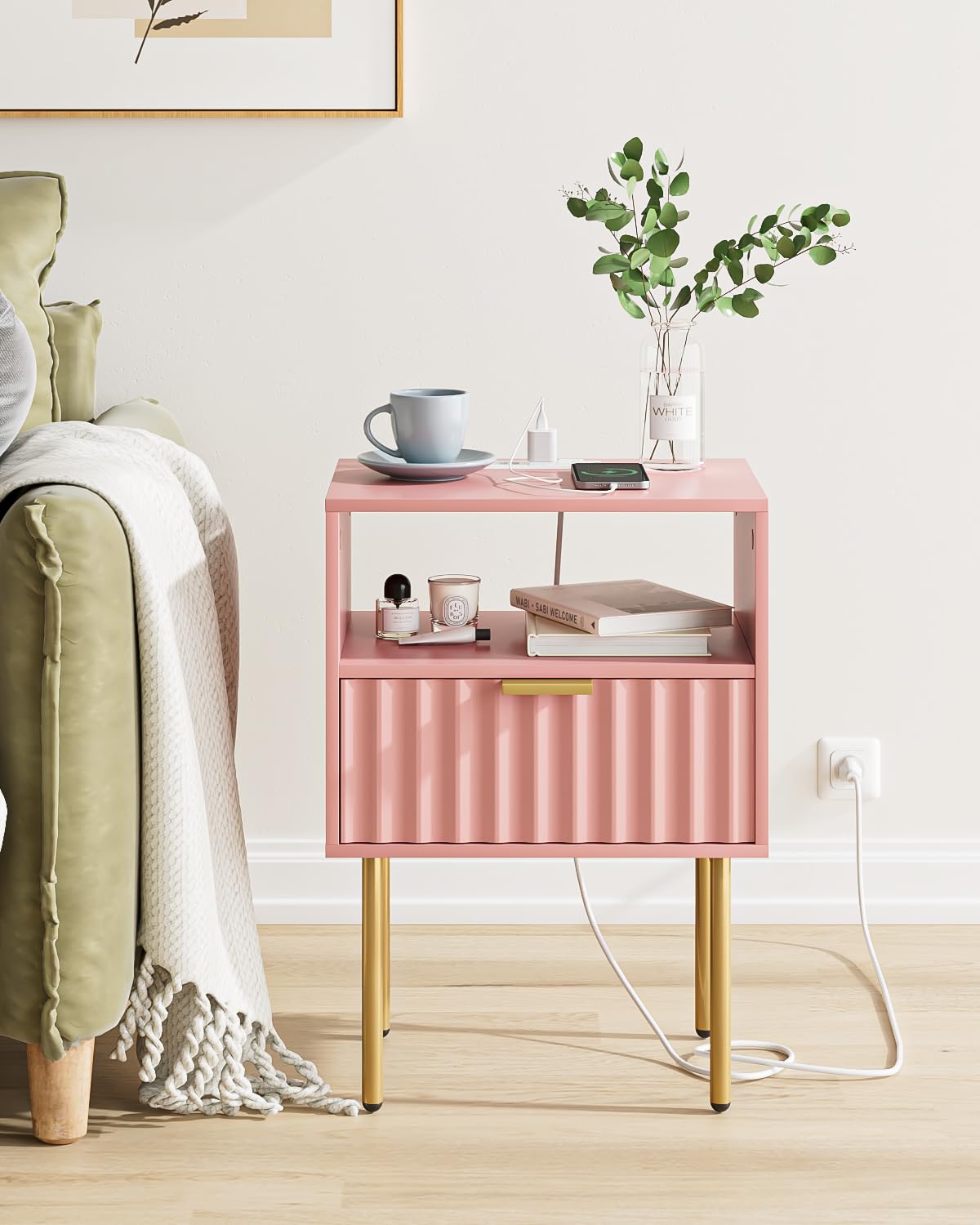 Pink Fluted Nightstand with Charging Station S233507