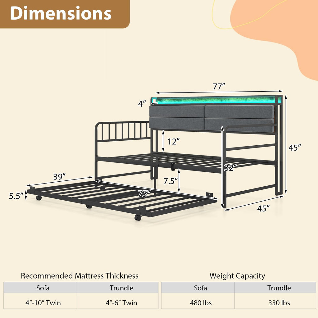Twin Size Metal Daybed with Trundle and LED Light S6329