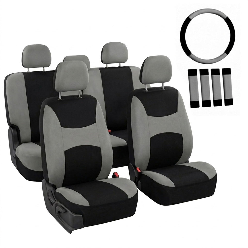Gray Black Universal Fit Automotive Seat Covers Combo Set with Steering Wheel Cover and Seat Belt Pad O7424