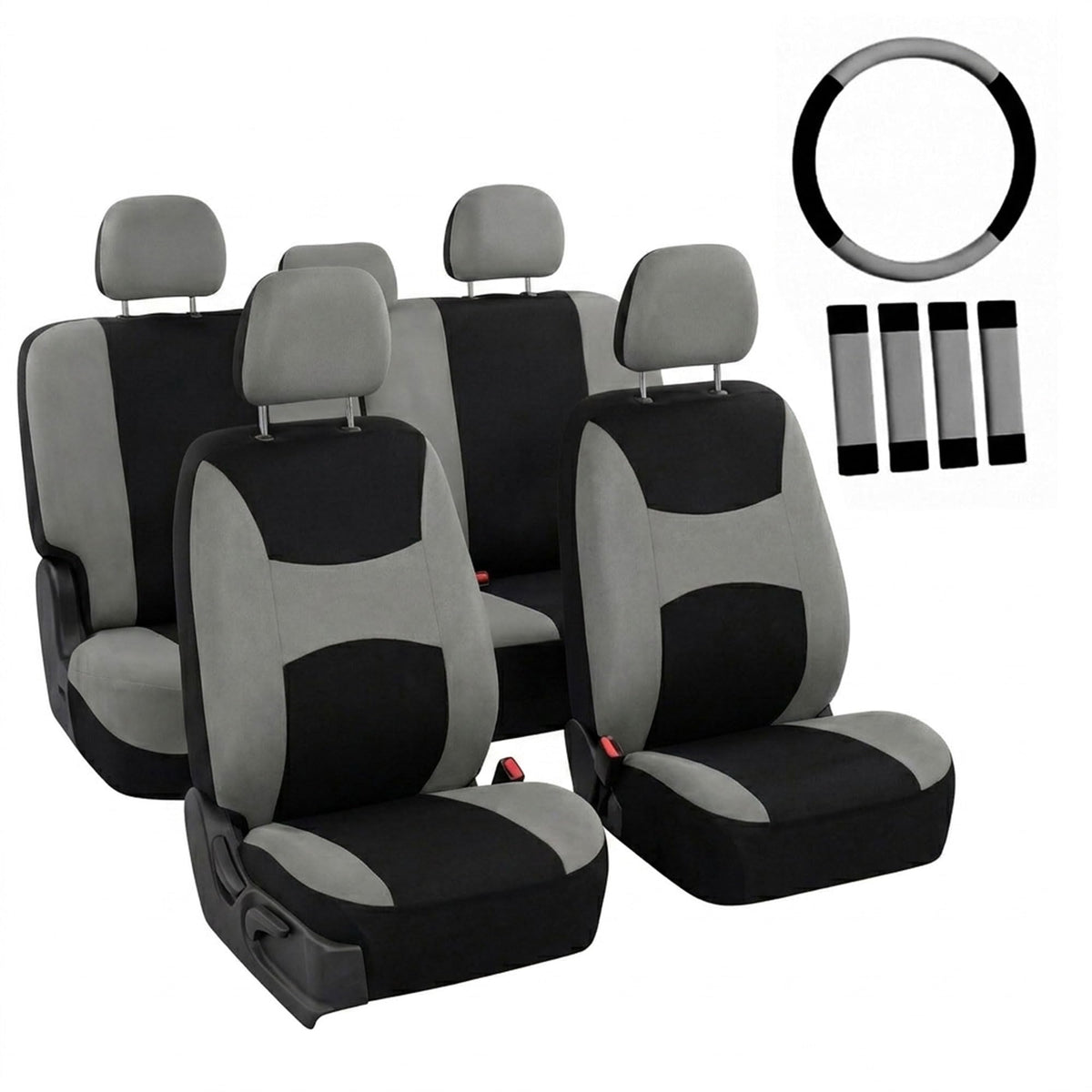 Gray Black Universal Fit Automotive Seat Covers Combo Set with Steering Wheel Cover and Seat Belt Pad O7424
