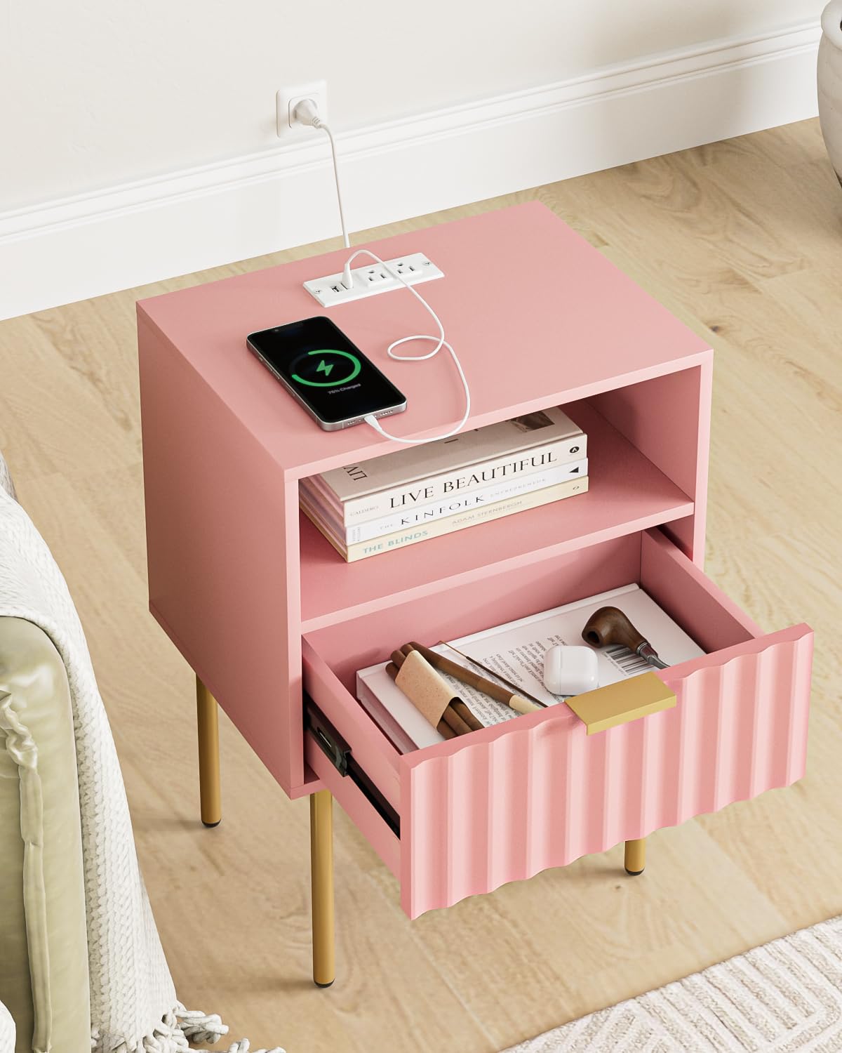 Pink Fluted Nightstand with Charging Station S233507
