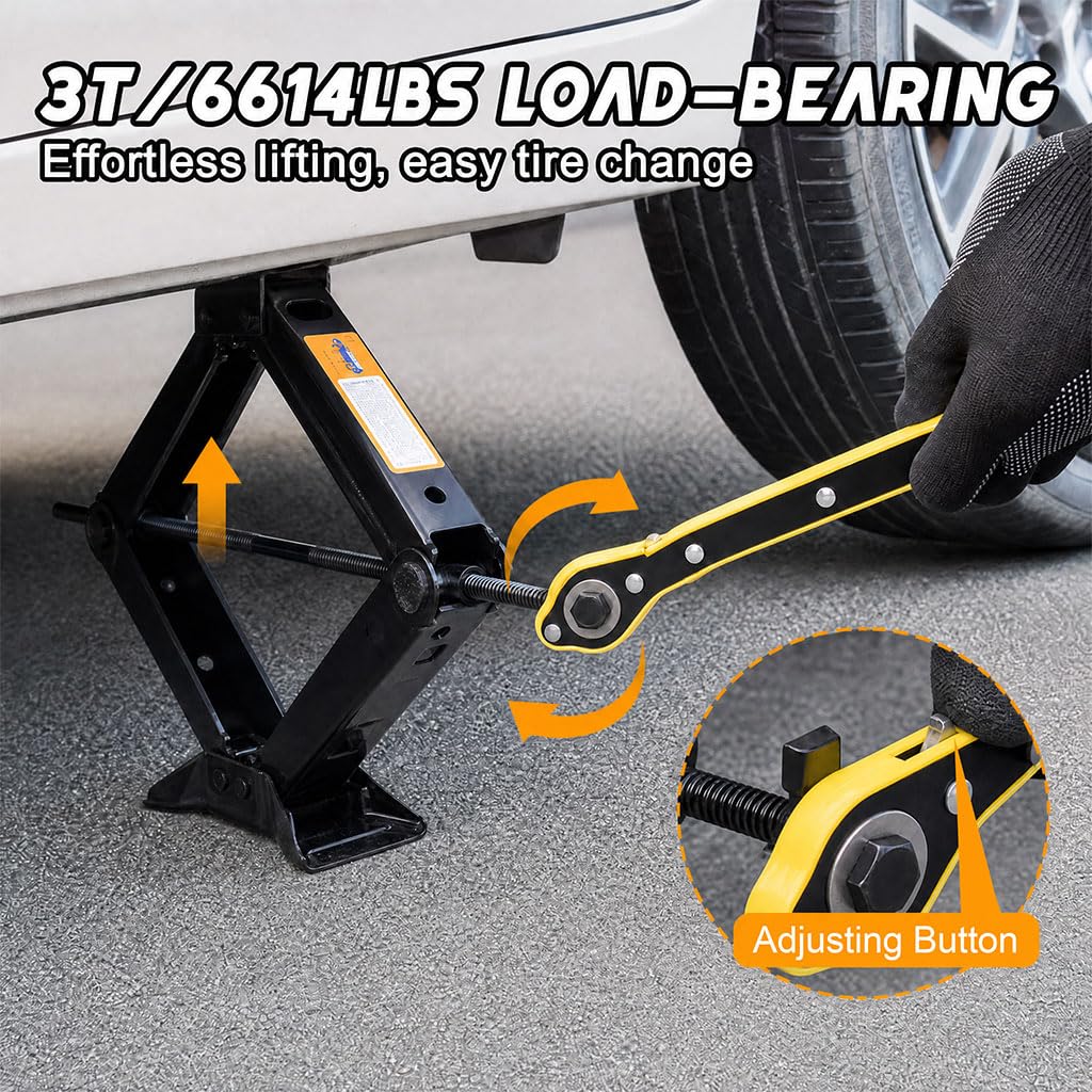3 Ton Scissor Car Jack, 6614 LBS Heavy Duty Tire Changing Kit with Lug Wrench, Ratchet Wrench, Sockets, Work Gloves, Tire Pressure Gauge and Storage Bag R5039