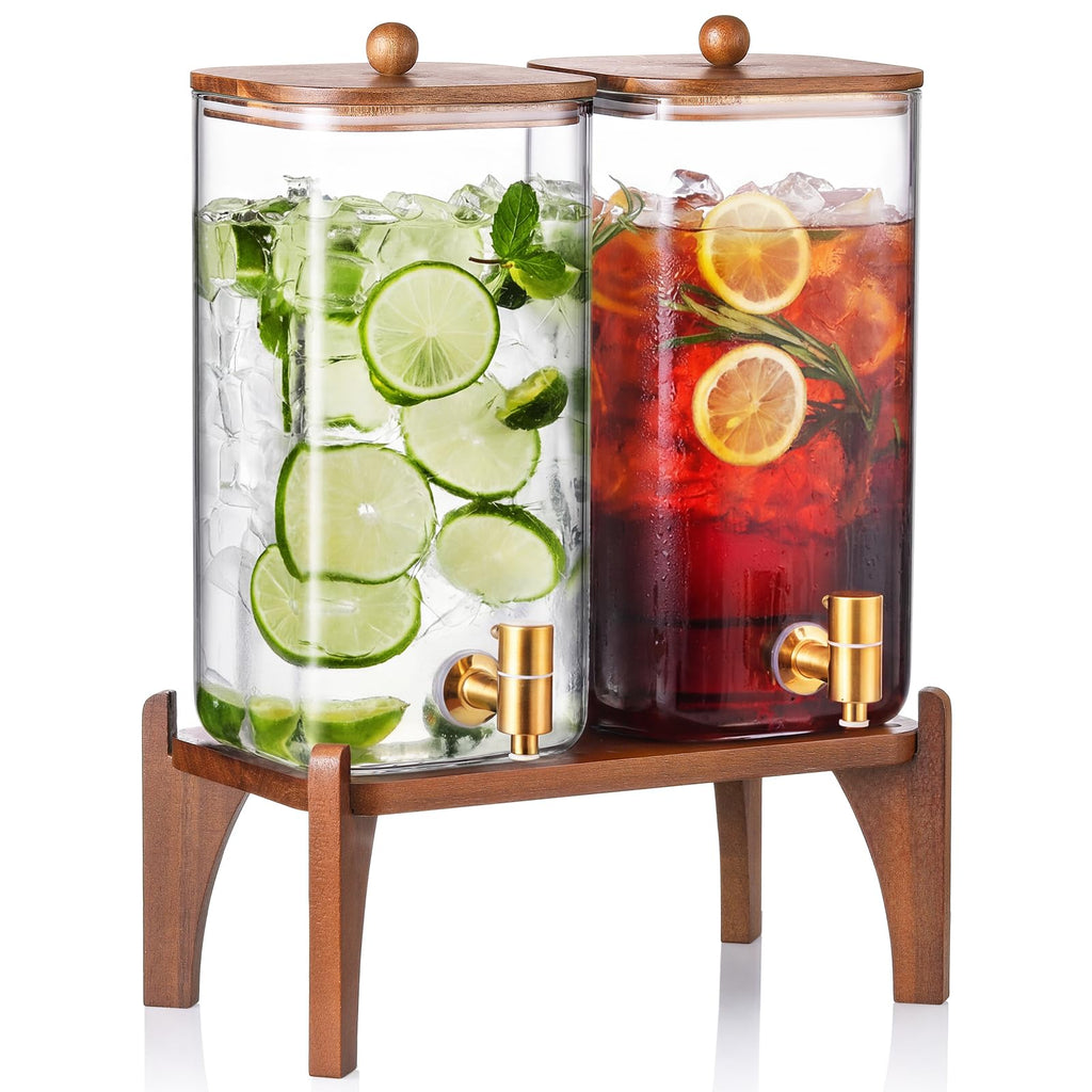 2 Pack 1.5 Gallon Square Glass Drink Dispenser with Wooden Stand & Lid L2847