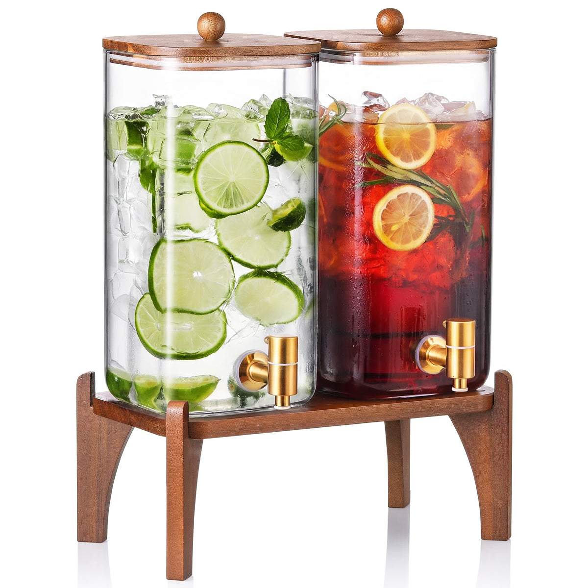 2 Pack 1.5 Gallon Square Glass Drink Dispenser with Wooden Stand & Lid L2847