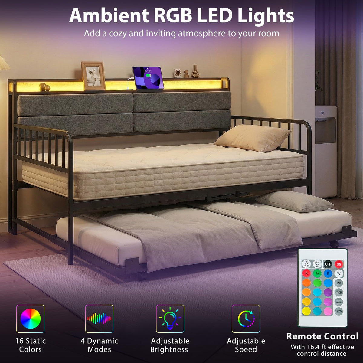 Twin Size Metal Daybed with Trundle and LED Light S6329