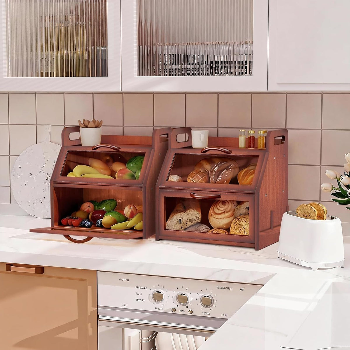 Large Double Layer Bamboo Bread Box with Clear Window P7122