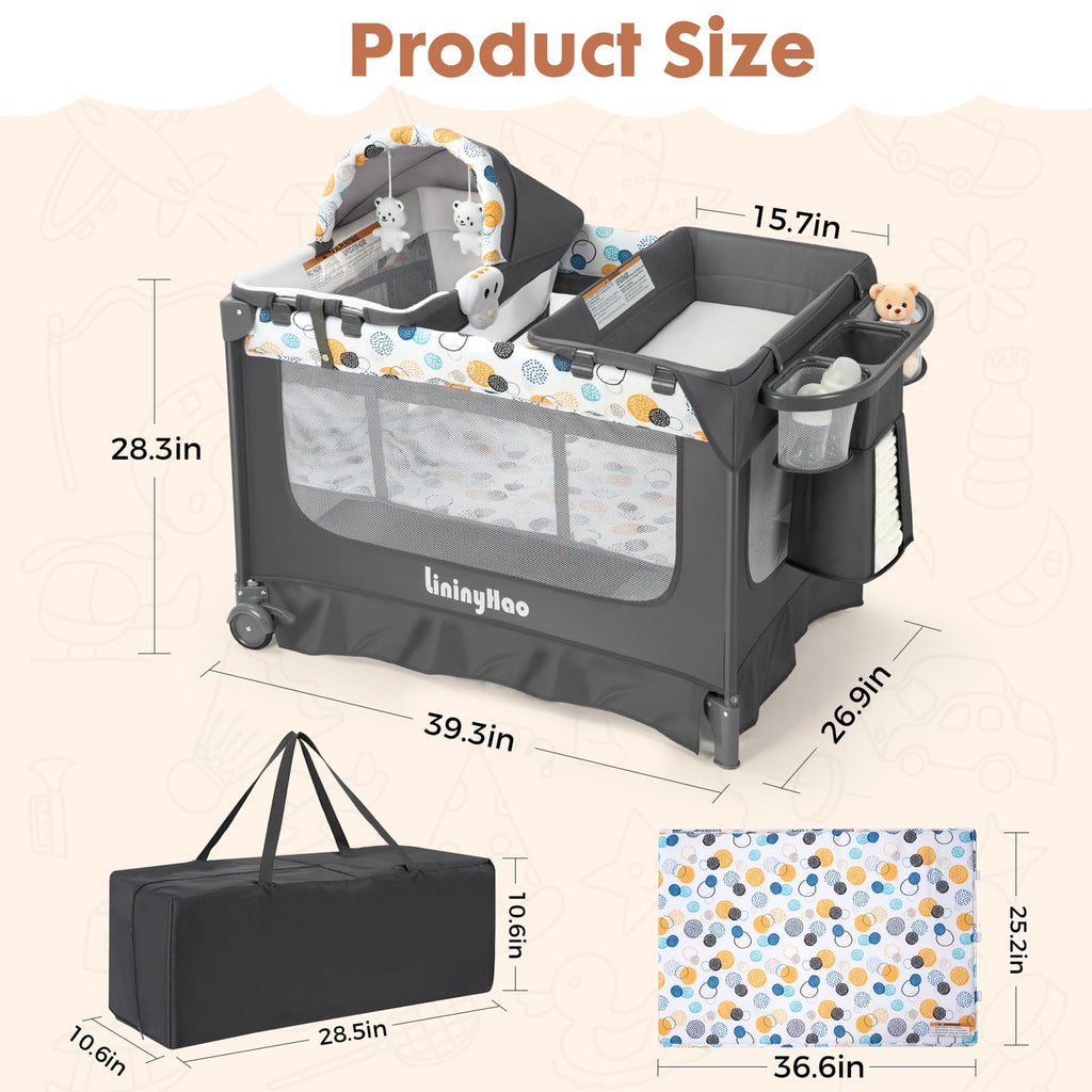 5-in-1 Pack and Play with Bassinet, Changing Table and Mat, Gray Z14990