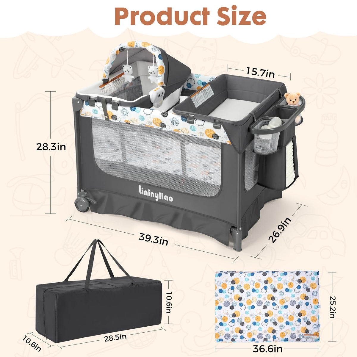 5-in-1 Pack and Play with Bassinet, Changing Table and Mat, Gray Z14990