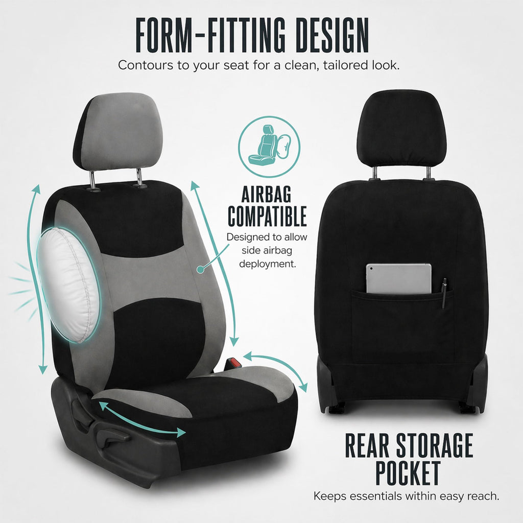 Gray Black Universal Fit Automotive Seat Covers Combo Set with Steering Wheel Cover and Seat Belt Pad O7424
