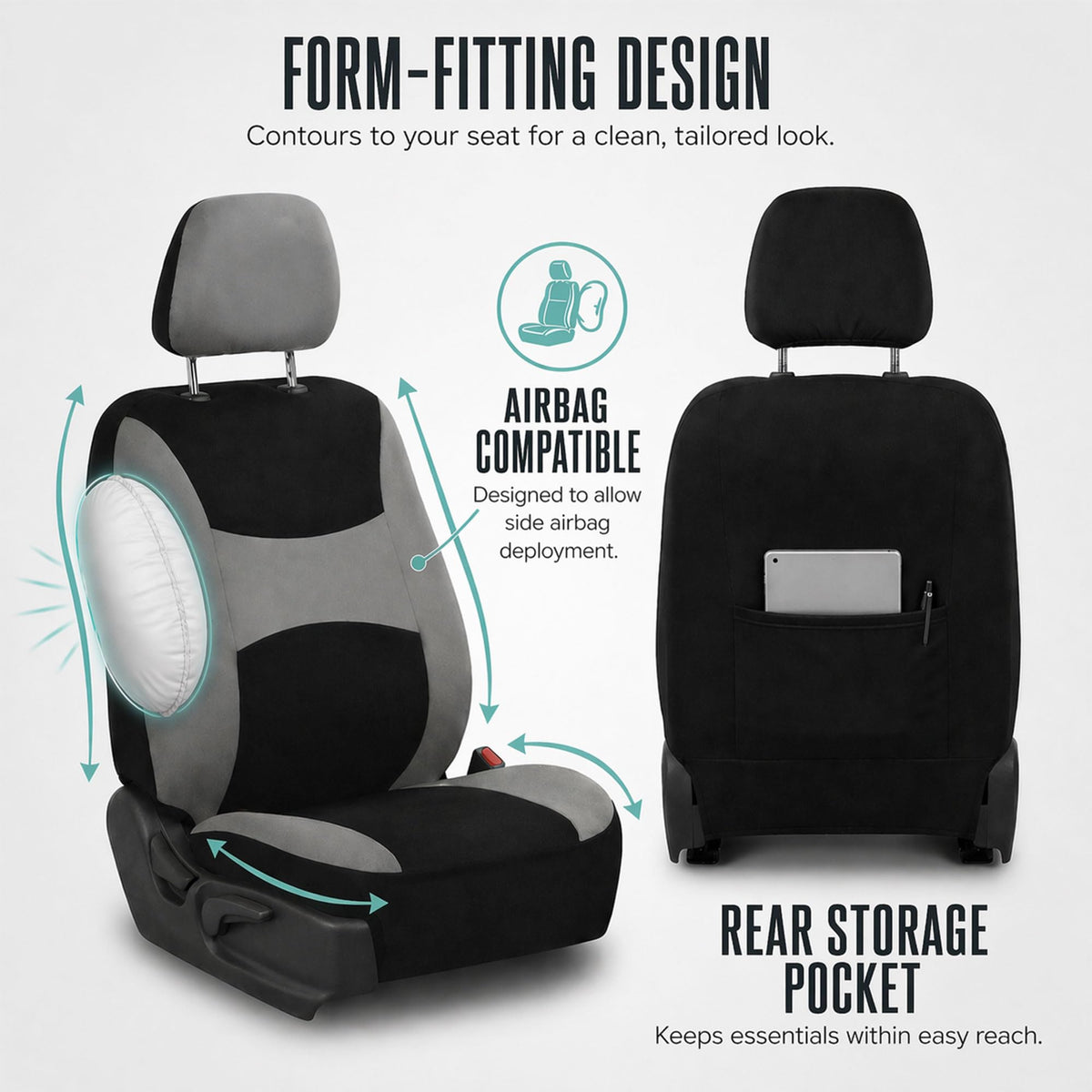 Gray Black Universal Fit Automotive Seat Covers Combo Set with Steering Wheel Cover and Seat Belt Pad O7424