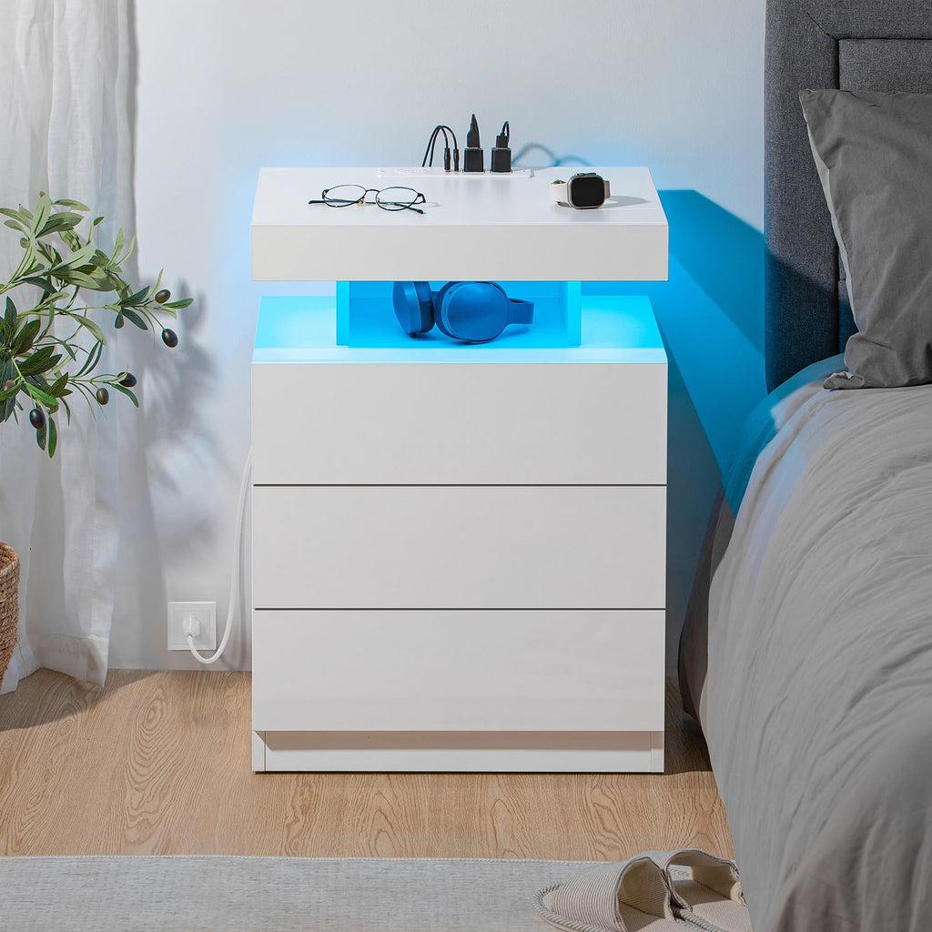 White 3 Drawer Nightstand with Charging Station and LED Light O889700