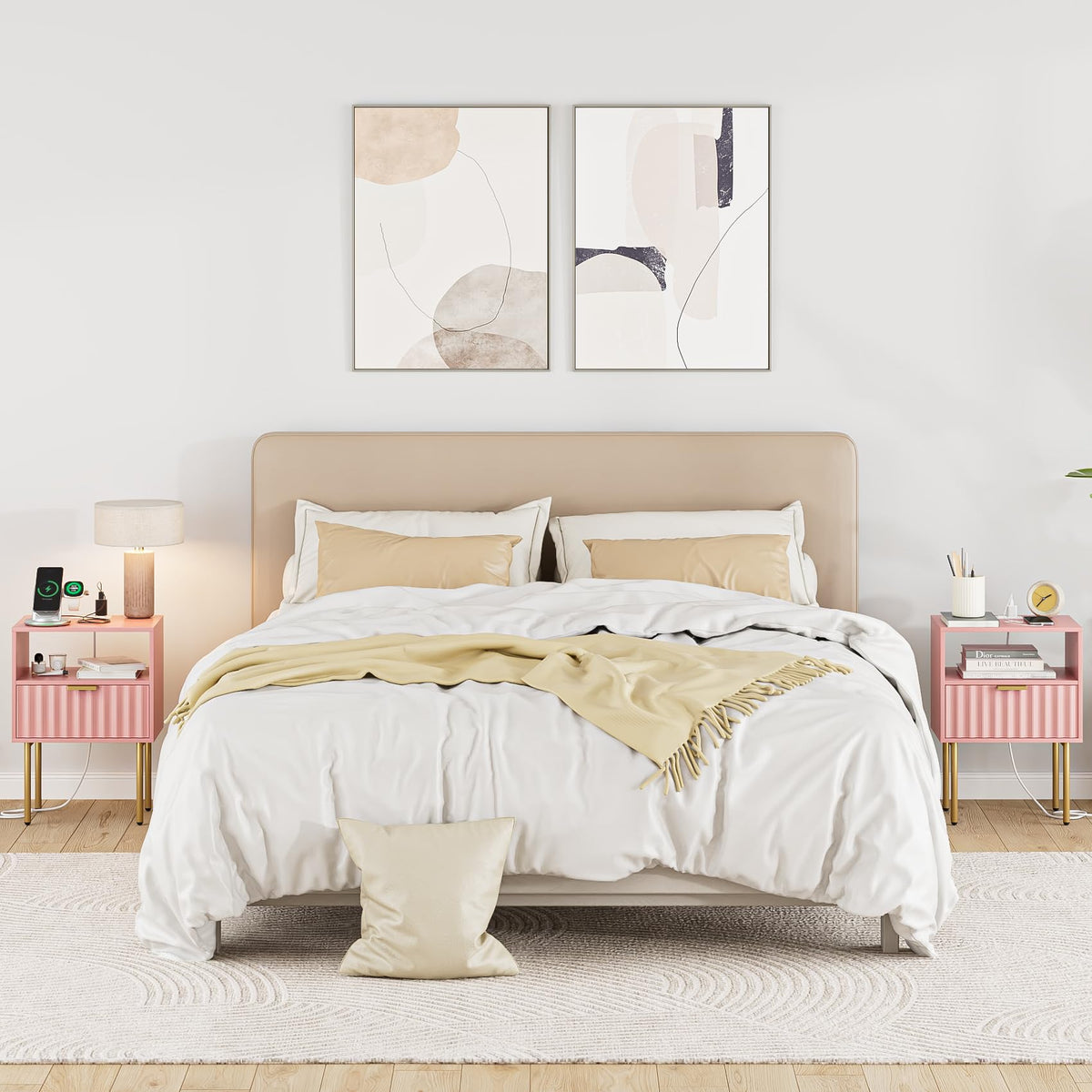 Pink Fluted Nightstand with Charging Station S233507
