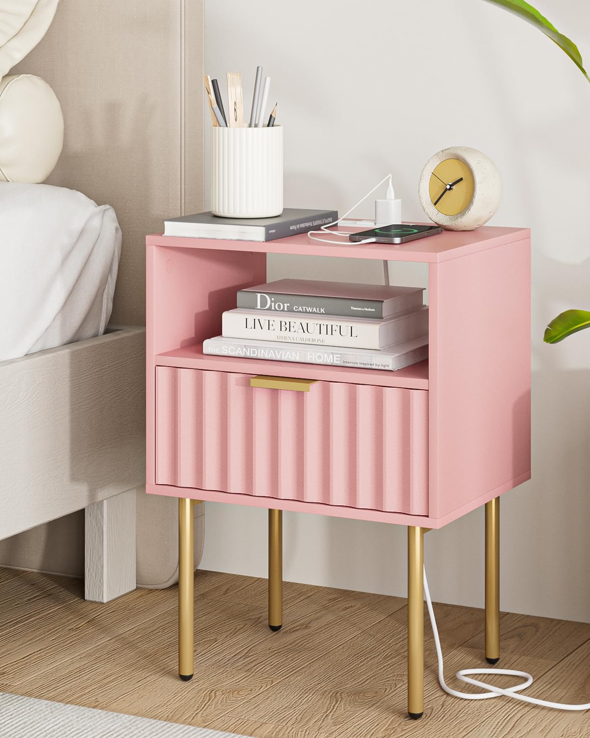 Pink Fluted Nightstand with Charging Station S233507