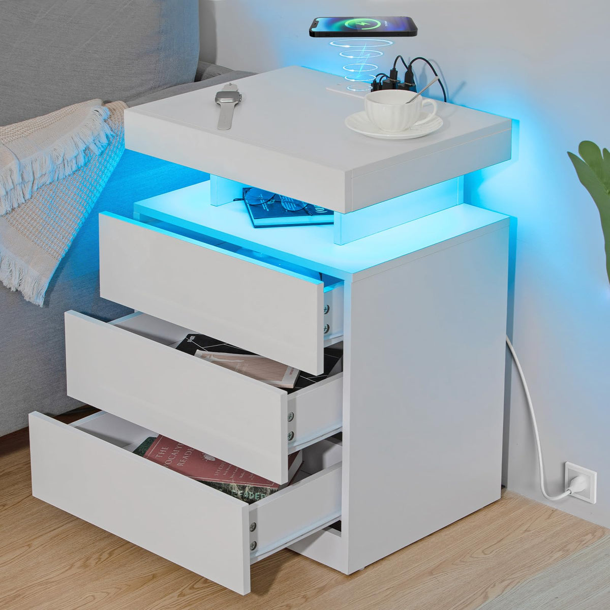 White 3 Drawer Nightstand with Charging Station and LED Light O889700