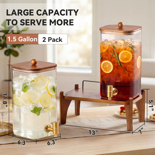 2 Pack 1.5 Gallon Square Glass Drink Dispenser with Wooden Stand & Lid L2847