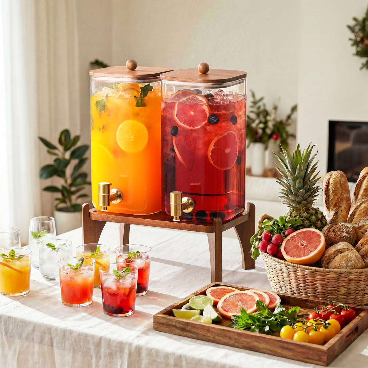 2 Pack 1.5 Gallon Square Glass Drink Dispenser with Wooden Stand & Lid L2847