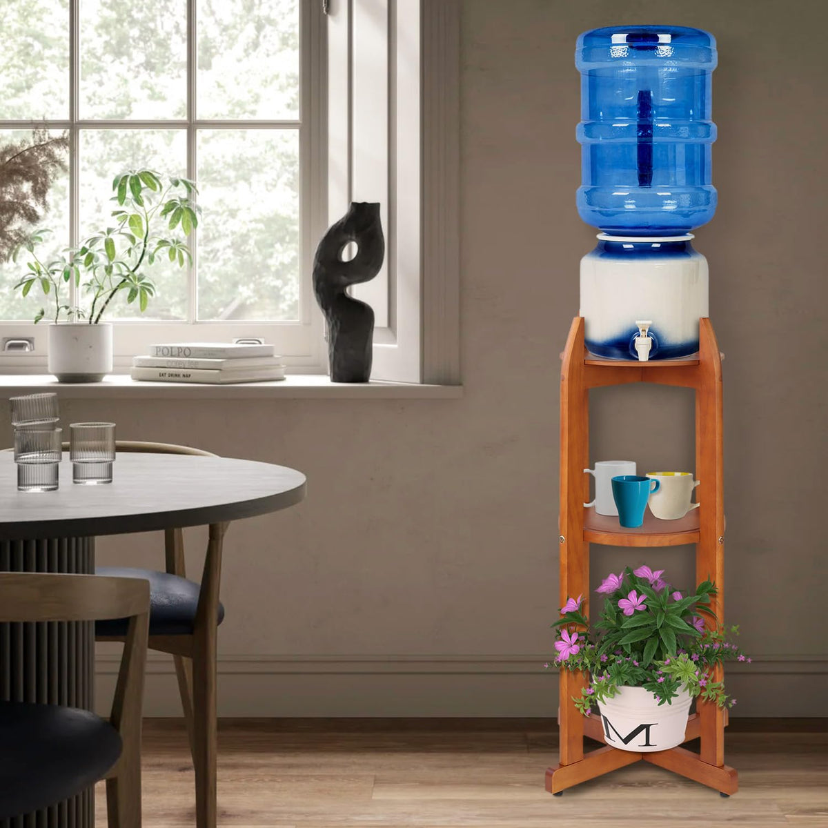 Solid Wood Water Dispenser Stand with 2 Shelves Z904336
