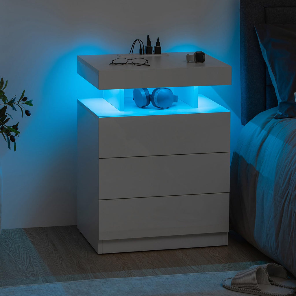 White 3 Drawer Nightstand with Charging Station and LED Light O889700