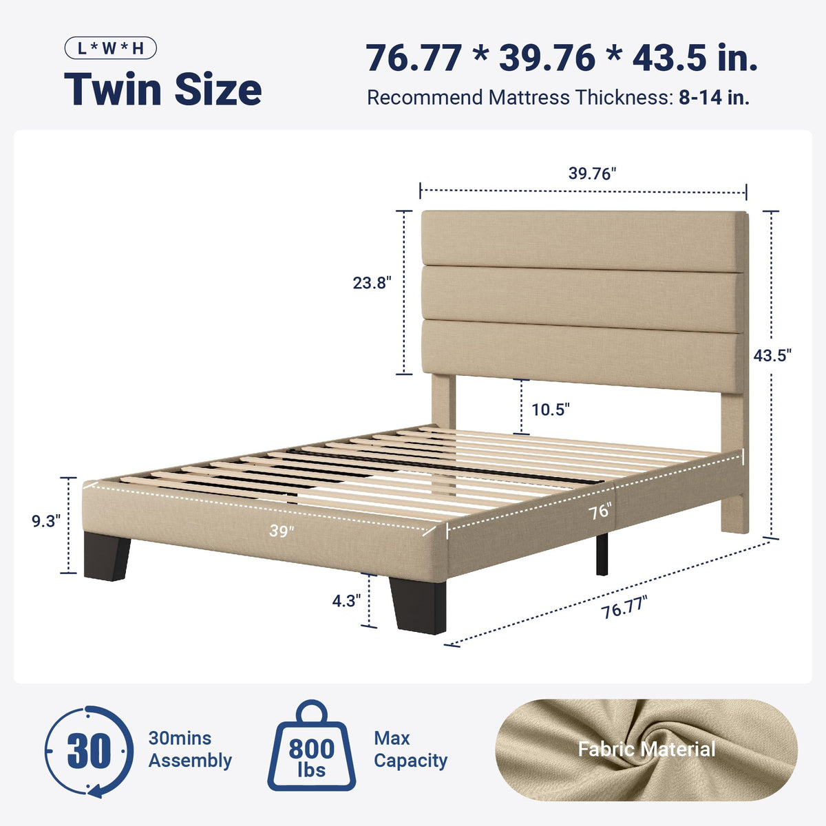 Twin Size Fabric Upholstered Platform Bed Frame P64639