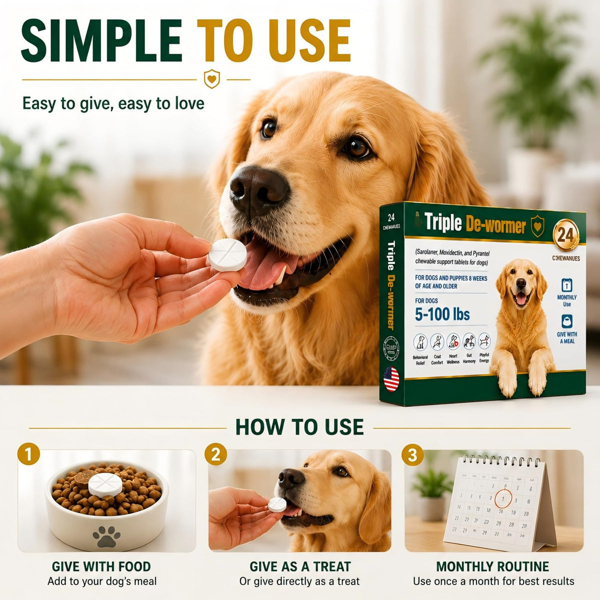 Broad Spectrum Dog Dewormer Tablets with Pyrantel Pamoate, 24 Tablets Y244784