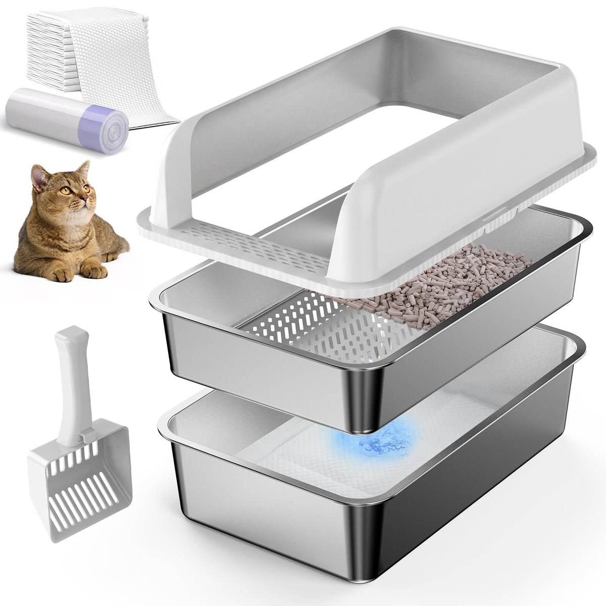 XL Stainless Steel Sifting Litter Box with Lid H526