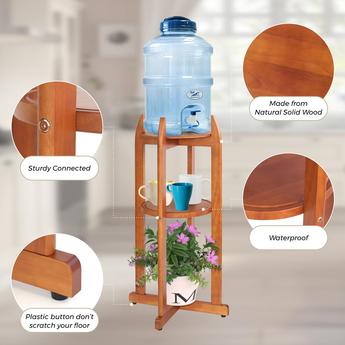 Solid Wood Water Dispenser Stand with 2 Shelves Z904336