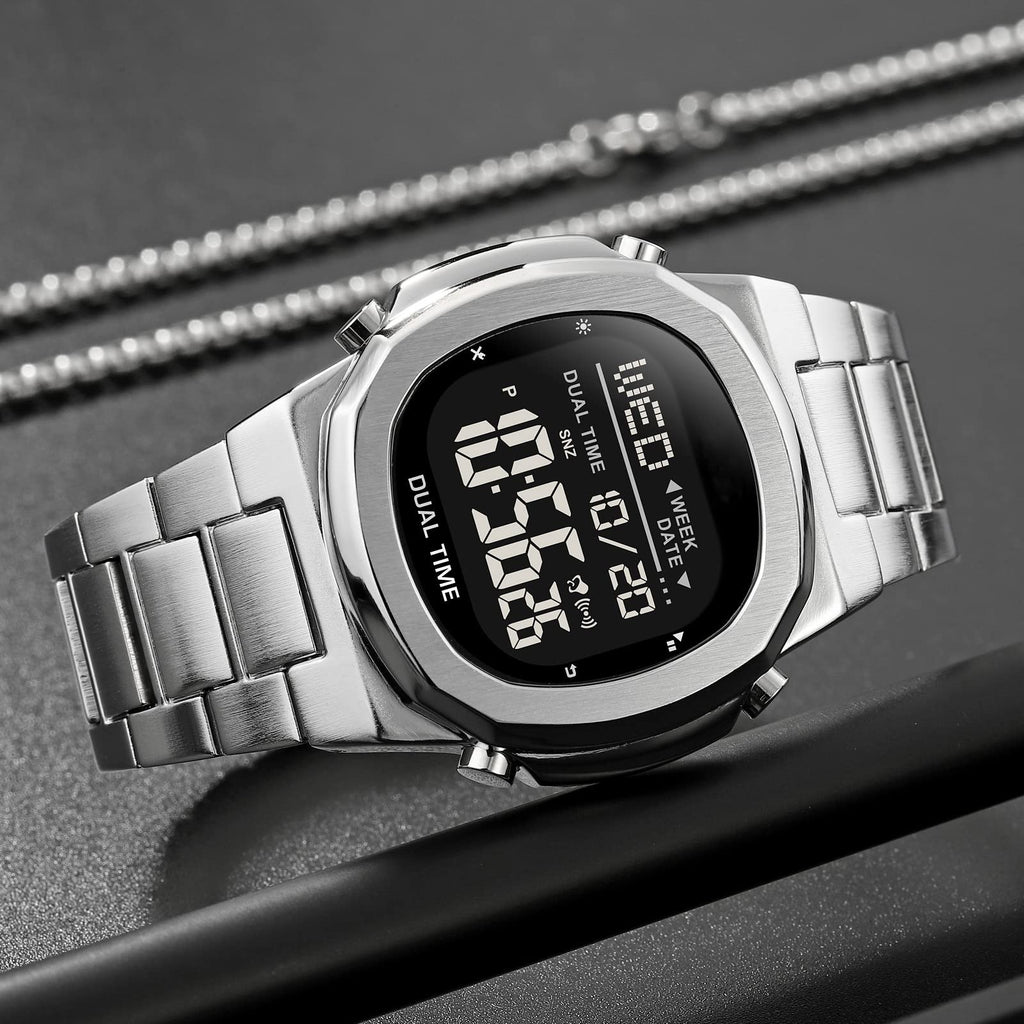 Men's Multifunctional Electronic Outdoor Sports Watch EL Light Large Digital Display Stainless Steel Q3965