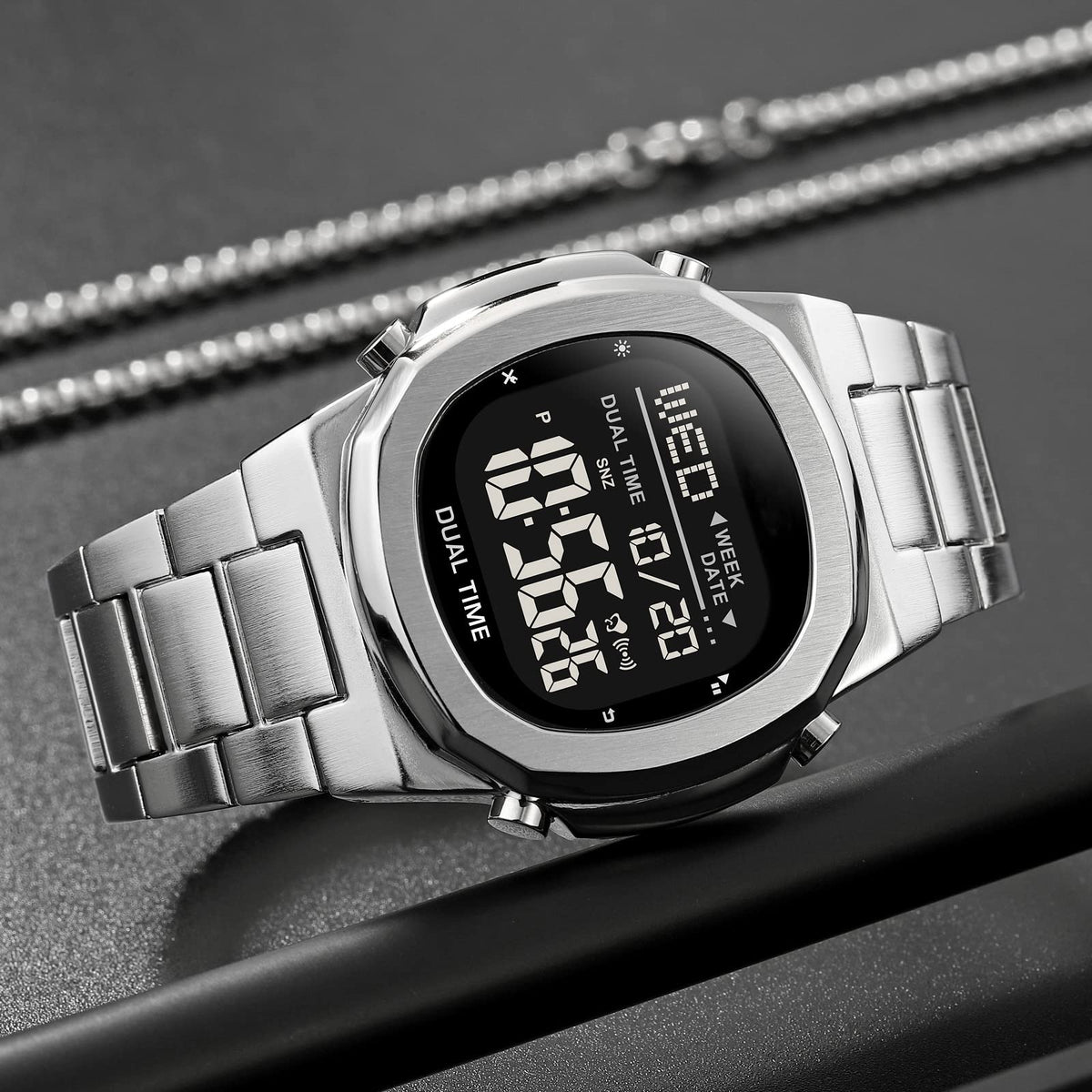 Men's Multifunctional Electronic Outdoor Sports Watch EL Light Large Digital Display Stainless Steel Q3965