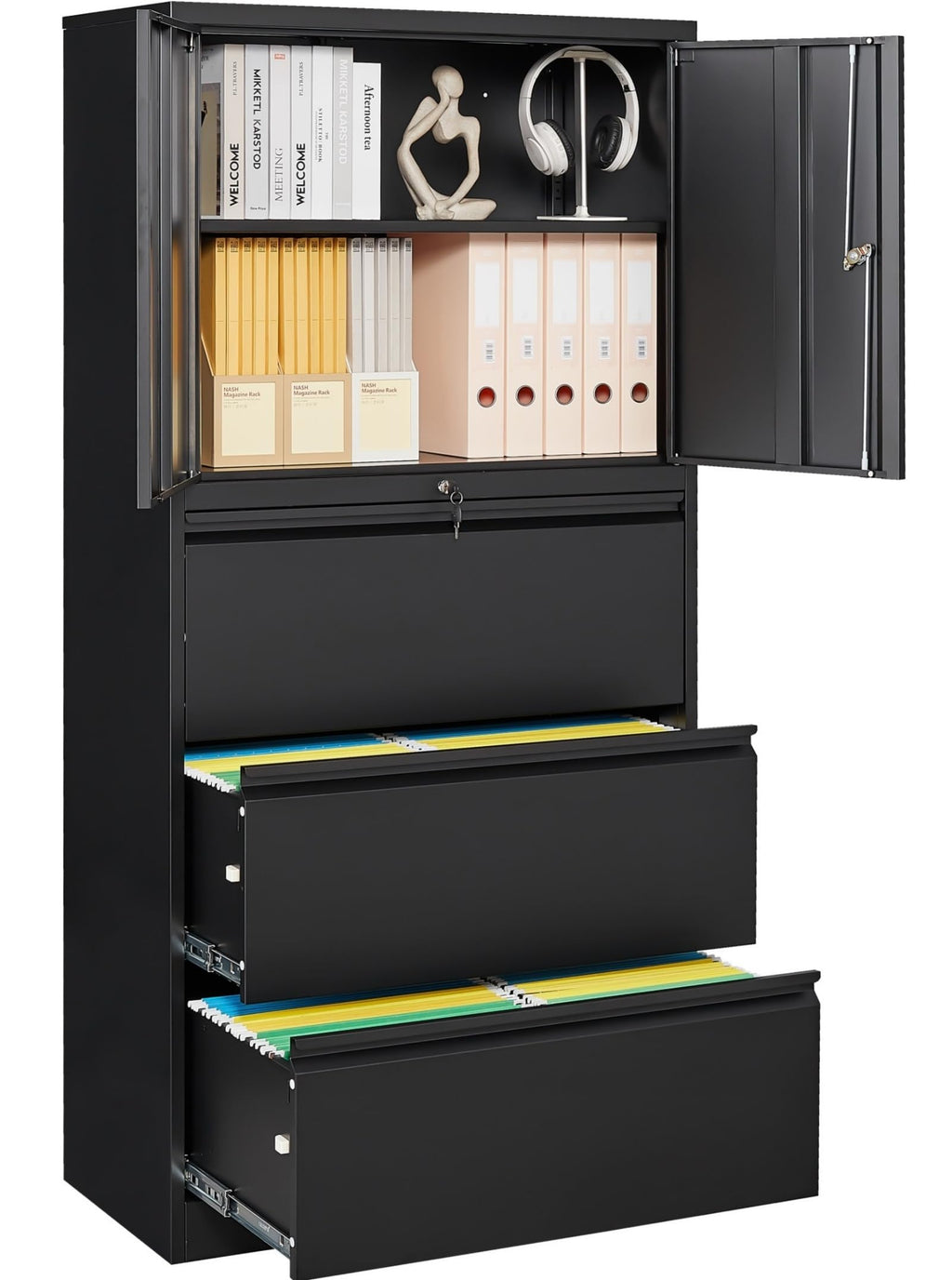 Black 3 Drawer Metal File Cabinet with Lock and Shelf G93361