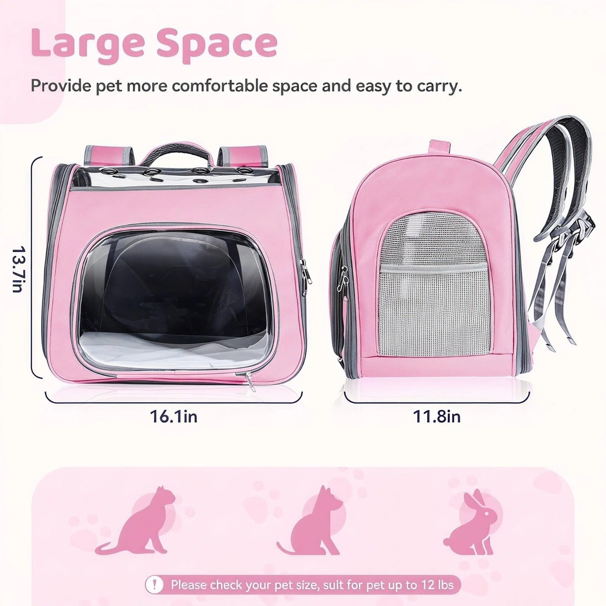 Airline Approved Cat Soft-Sided Carrier Backpack Up to 12 lbs Pink S17605