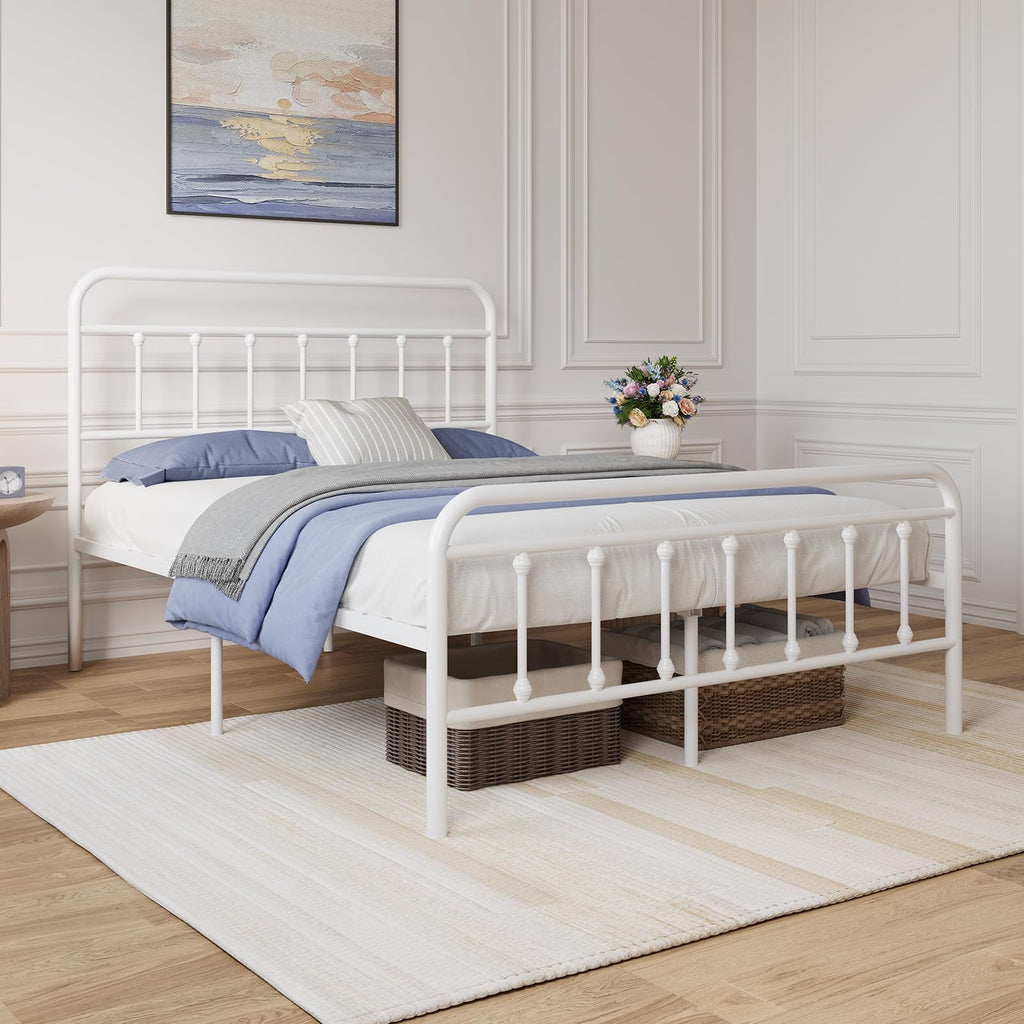 Full Size White Metal Platform Bed Frame with Headboard V9073