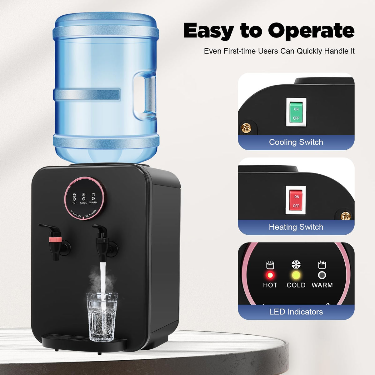 Top Loading Countertop Water Cooler Dispenser with Hot/Cold/Warm 3-Temp Settings, Black C39113