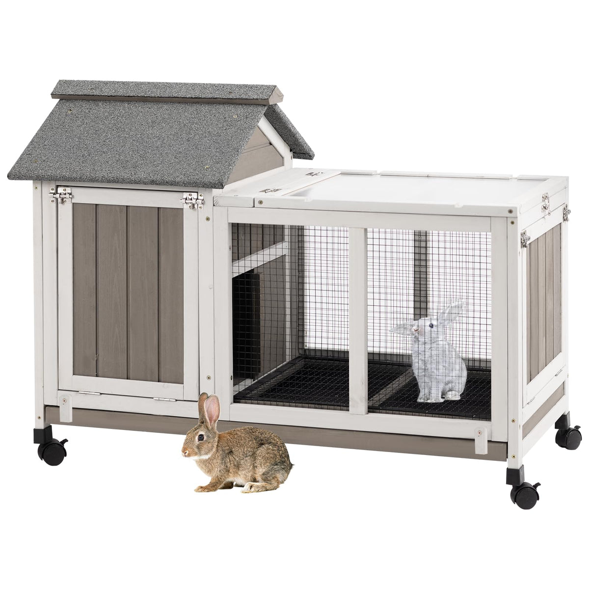 38.19"L Wooden Rabbit Hutch with 4 Wheels and Pull Out Tray C6837