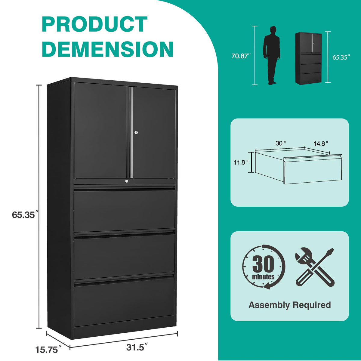 Black 3 Drawer Metal File Cabinet with Lock and Shelf G93361