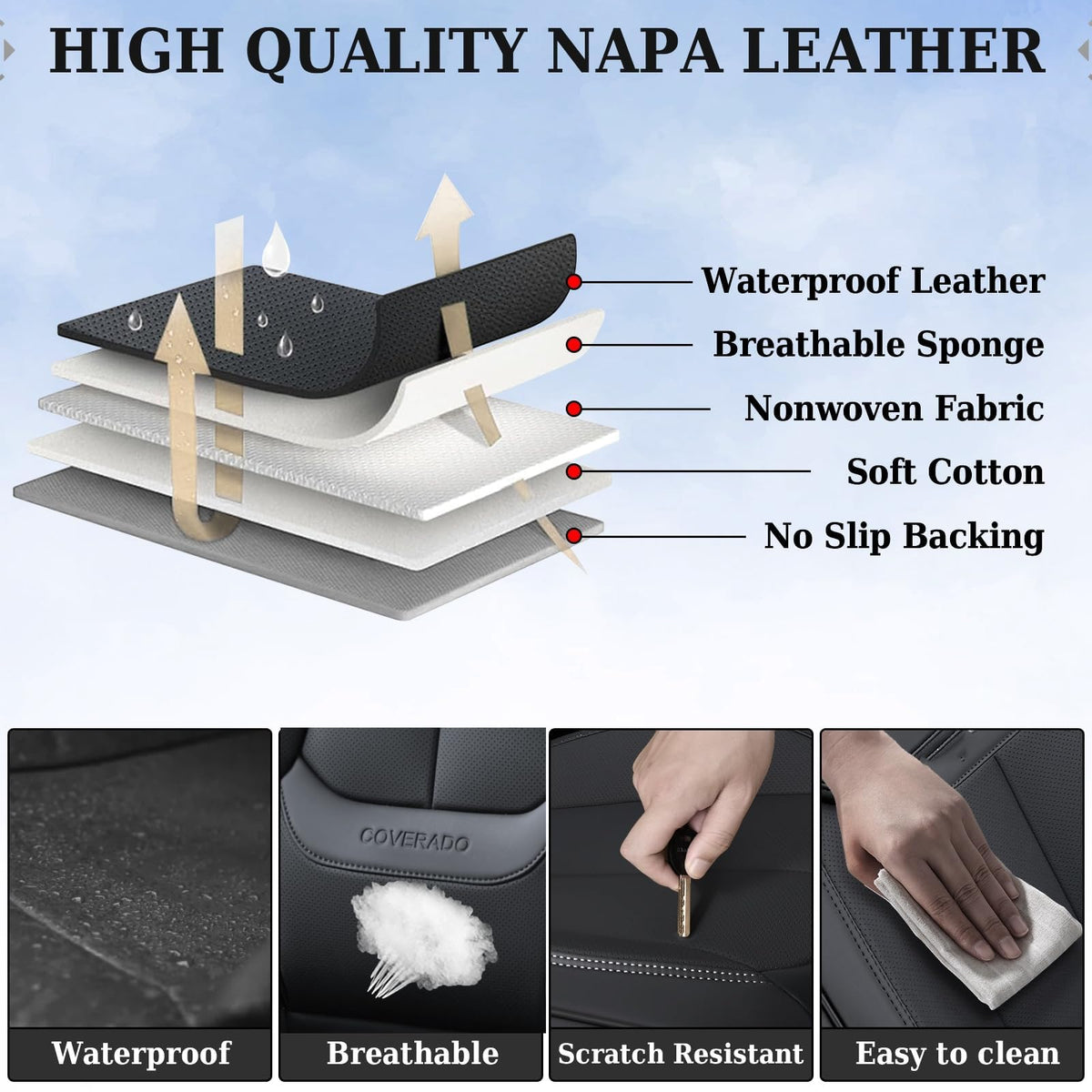 Black Full Set Waterproof Nappa Leather Car Seat Covers J76700