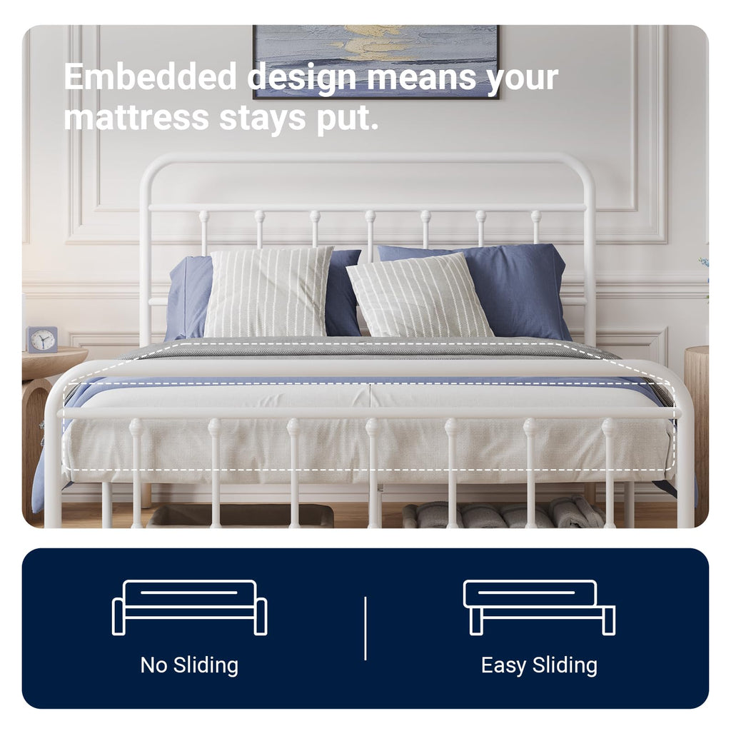 Full Size White Metal Platform Bed Frame with Headboard V9073